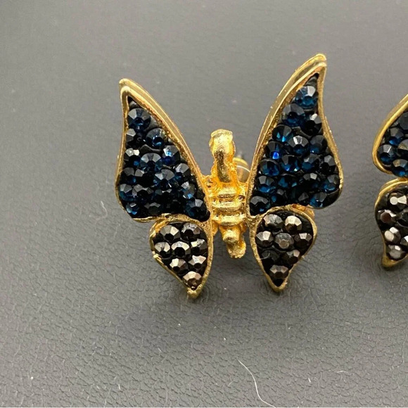 Pave Black and Gunmetal Grey Butterfly Pierced Gold Earrings - Picture 8 of 9